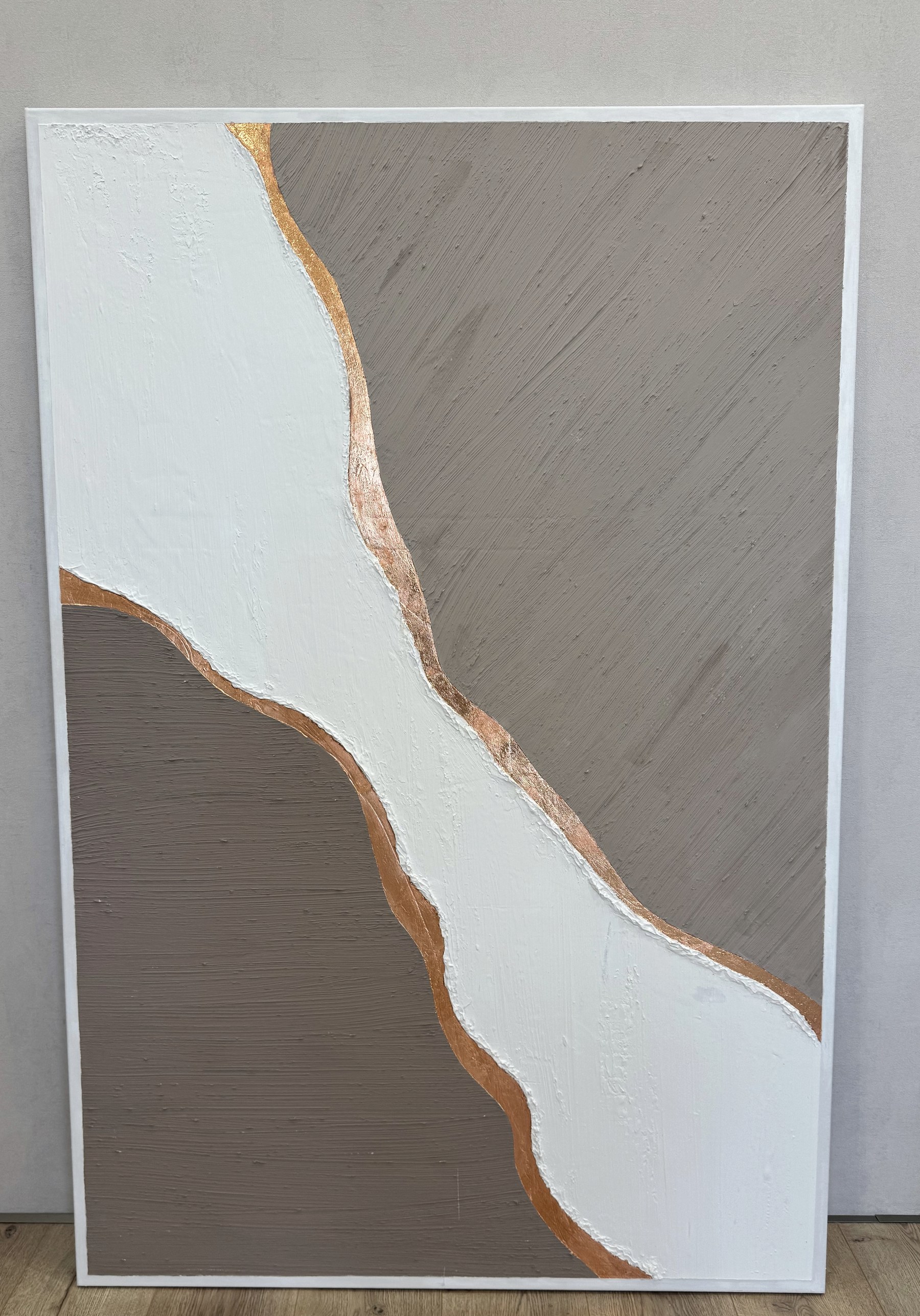 Shoreline No. 1 — original textured abstract painting, vertical 100×140 cm, white impasto with copper horizon on warm taupe ground