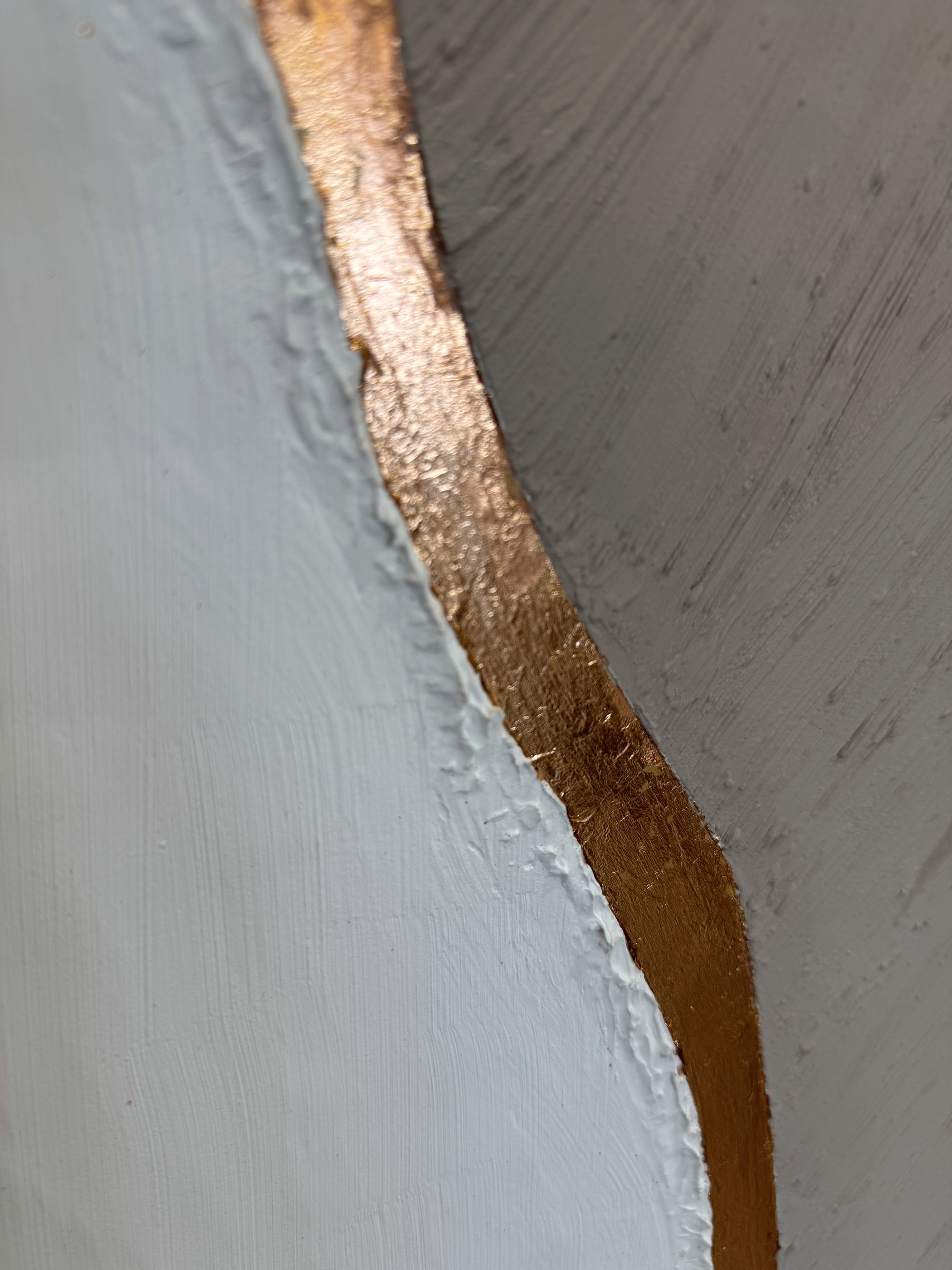 Edge detail of Shoreline No. 1 — copper line meeting white impasto