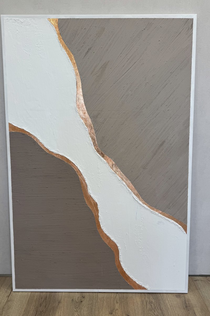 Shoreline No. 1 — vertical abstract painting with copper horizon line and white impasto on warm taupe ground