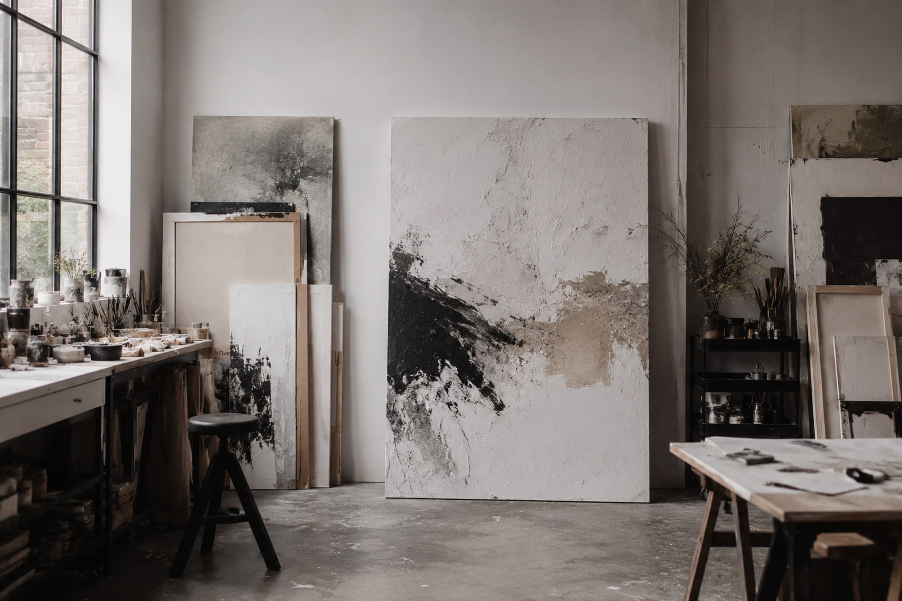 Inside the Essive studio — large window, works leaning against the wall, materials on a wooden workbench